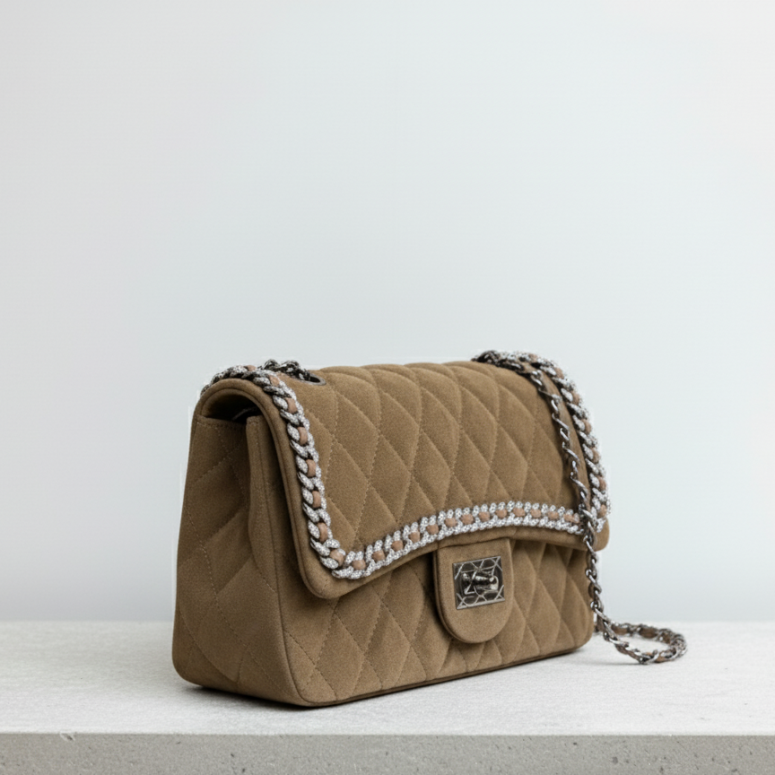 Süet Kapitone Zincir Askılı Omuz Çantası