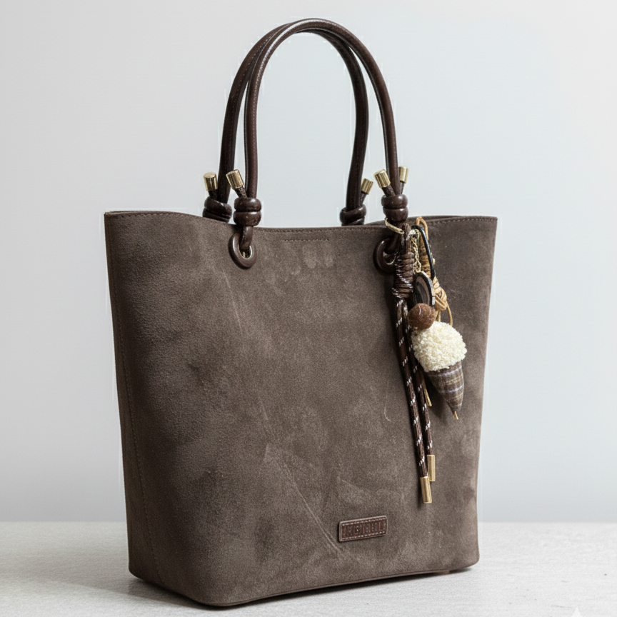 Süet Dokulu Kahve Tote Çanta